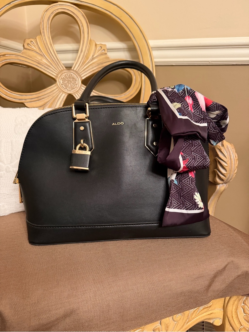 Aldo Black Dome Satchel with Patterned Accent Scarf